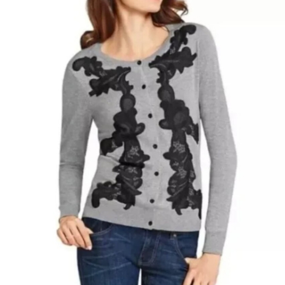 CAbi Gray Fitted Button Up Sweater w/ Black Lace Applique Sz Women's Small